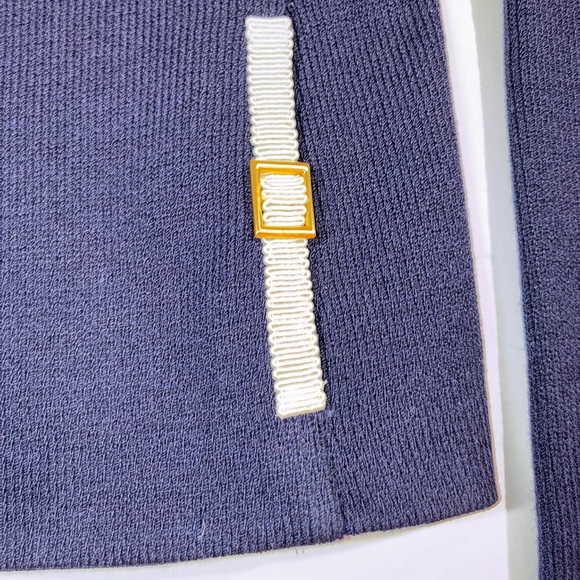 St John Collection Navy Blue Zip Jacket Knit Sz 12 White Ribbon Trim Gold Buckle - Picture 4 of 9